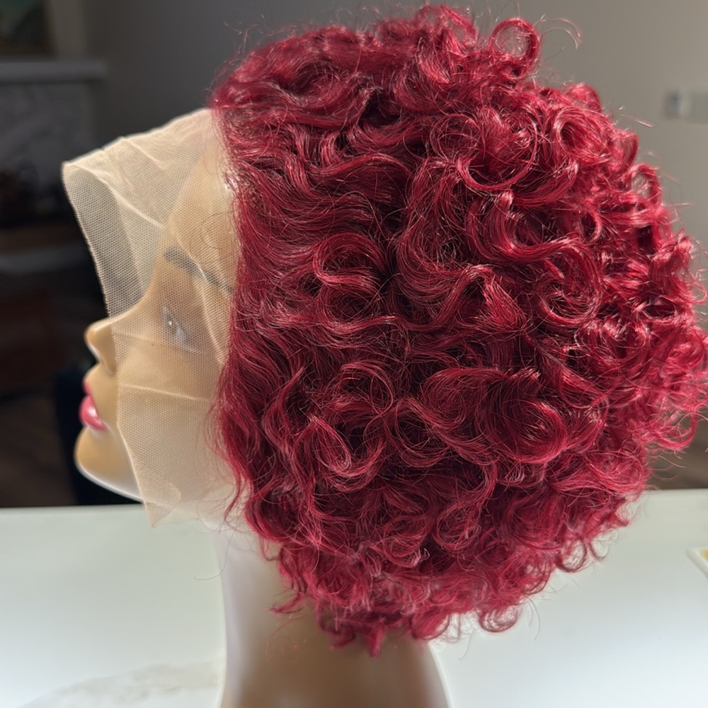 💯% Human Hair, Curly Pixie Cut, Red/Burgundy/Wine